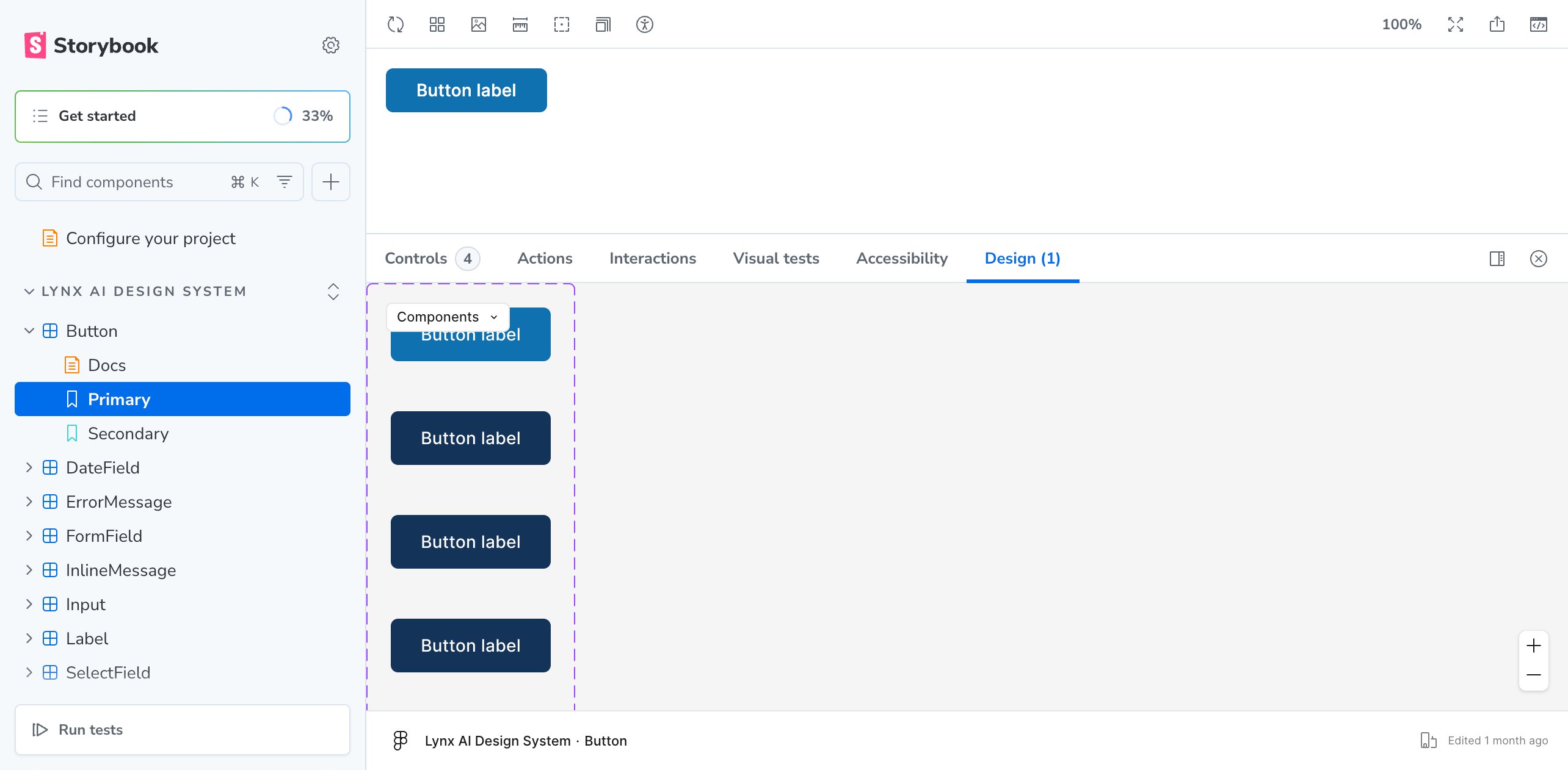 Lynx AI Design System in Storybook — Button component with Primary and Secondary variants, alongside DateField, ErrorMessage, FormField, Input, Label, and SelectField in the component library