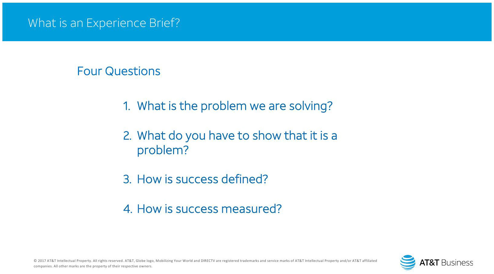 AT&T Experience Brief — four questions: problem, evidence, success definition, success measurement