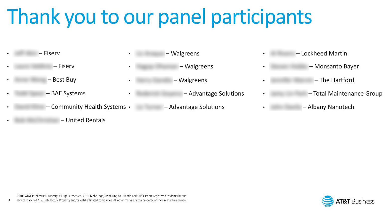 AT&T 2019 User Panel — 16 enterprise participants across Fiserv, Best Buy, BAE Systems, Walgreens, Lockheed Martin, The Hartford, United Rentals