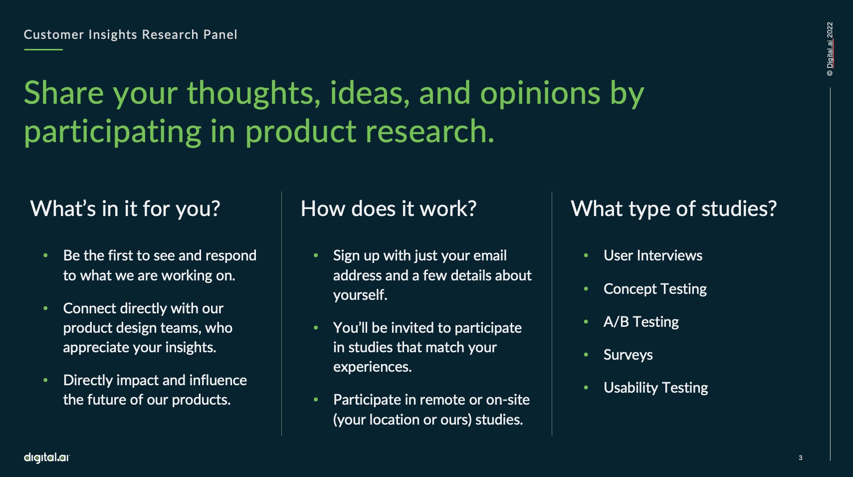 Digital.ai Customer Insights Research Panel — recruitment slide explaining participation benefits, how it works, and study types including user interviews, concept testing, A/B testing, surveys, and usability testing