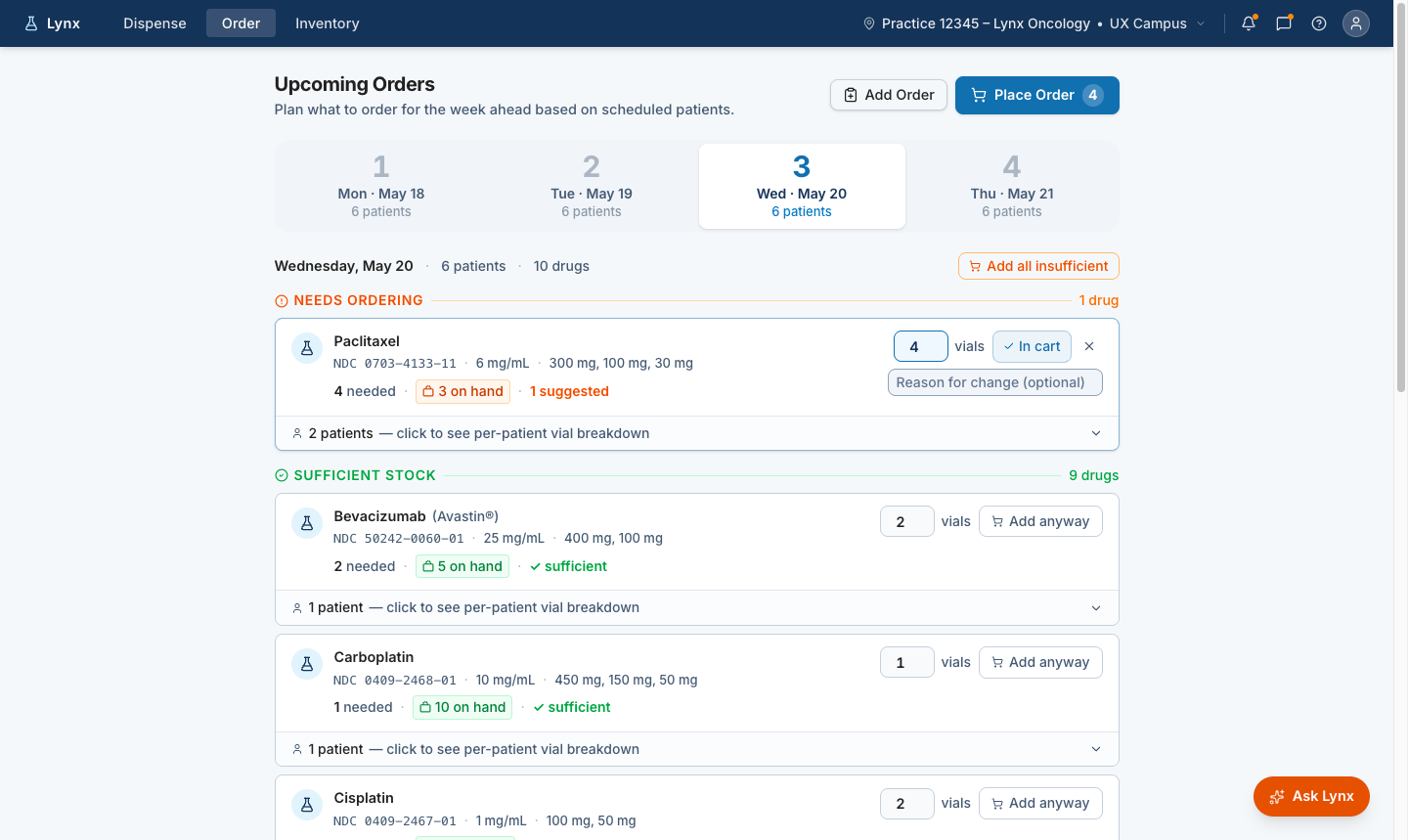 Future-state Lynx order planning screen showing a suggested medication quantity added to the cart with a place order action.