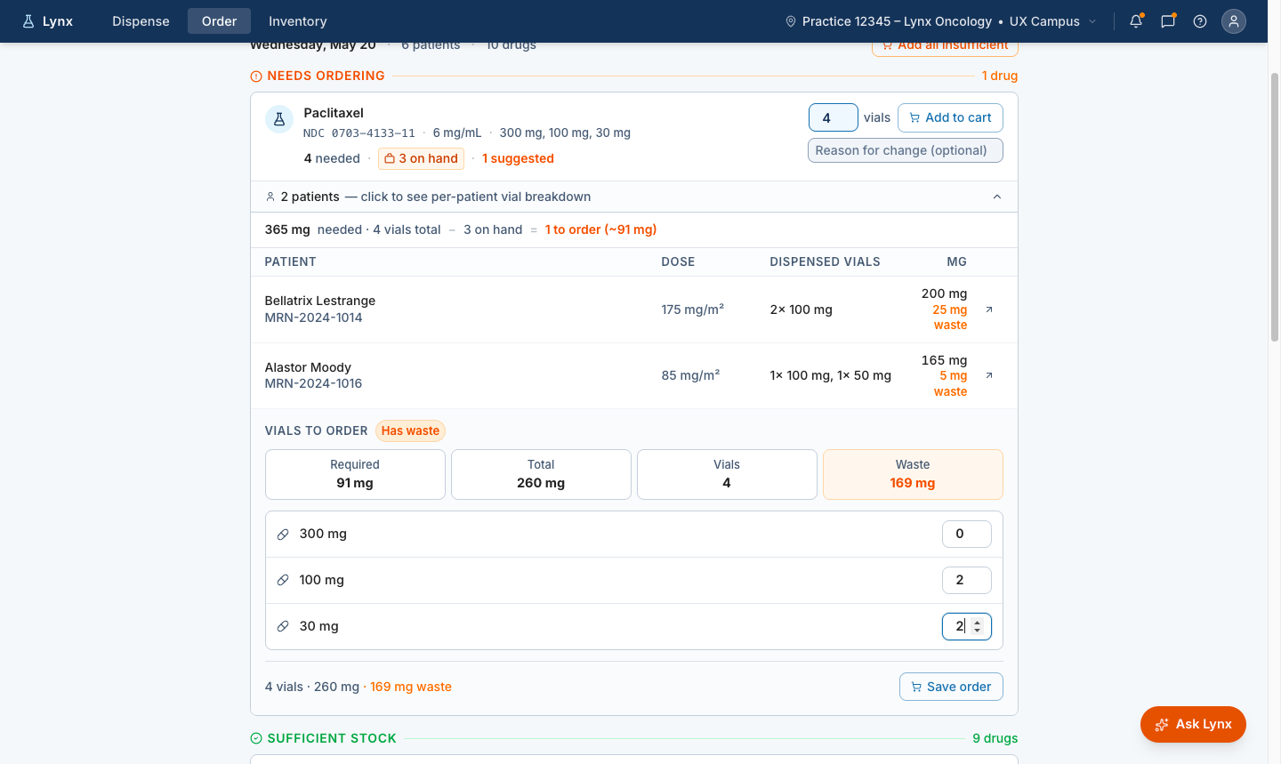Future-state Lynx order planning screen showing a per-patient vial breakdown for a medication that needs ordering.