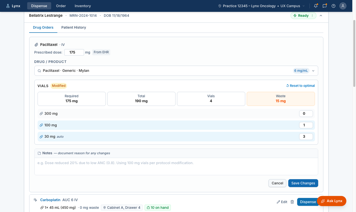 Future-state Lynx vial recommendation screen showing a modified vial selection with recalculated total dose and waste.